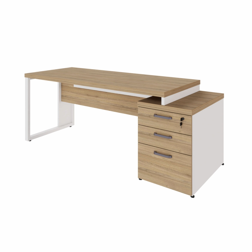 Mesa Escritório Extensível 170cm a 192cm 3 Gav. Pé Metal F5 Cor:Macadâmia com Branco