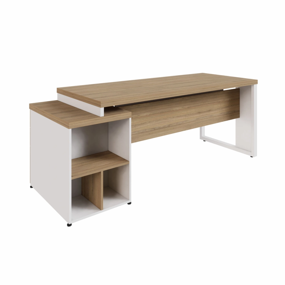 Mesa Escritório Extensível 170cm a 192cm 3 Gav. Pé Metal F5 Cor:Macadâmia com Branco