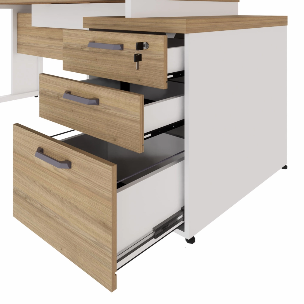 Mesa Escritório Extensível 170cm a 192cm 3 Gav. Pé Metal F5 Cor:Macadâmia com Branco