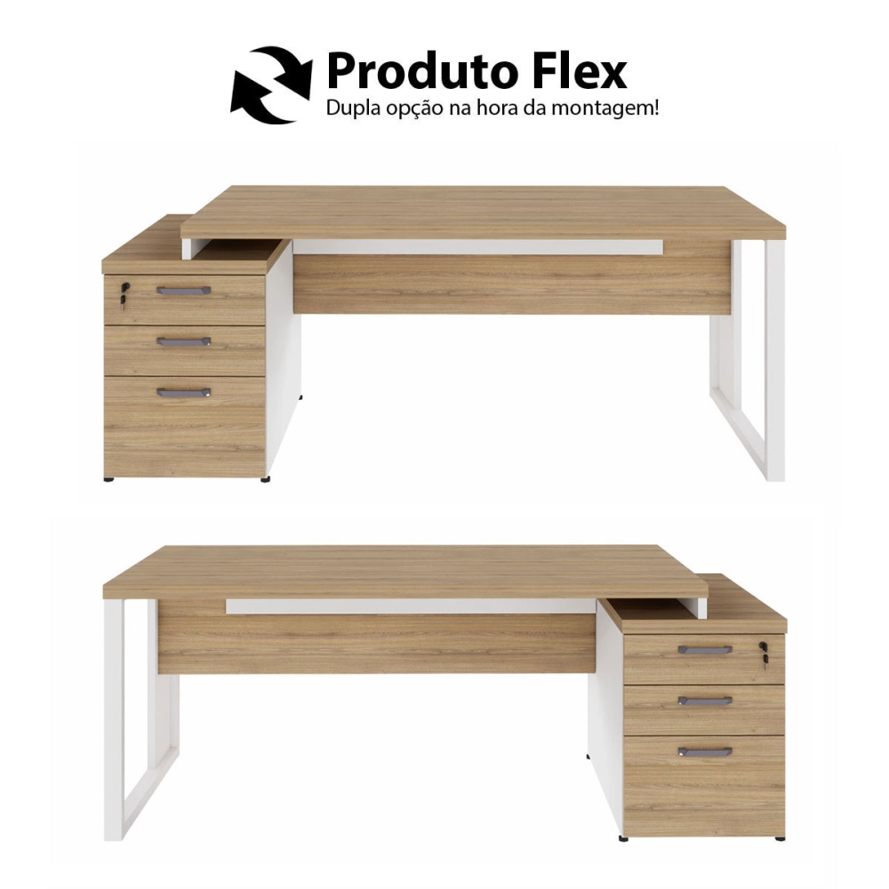 Mesa Escritório Extensível 170cm a 192cm 3 Gav. Pé Metal F5 Cor:Macadâmia com Branco