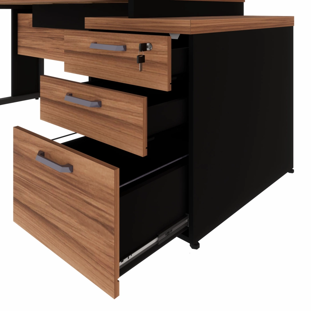 Mesa Escritório Extensível 170cm a 192cm 3 Gav. Pé Metal F5 Cor:Nogal com Preto