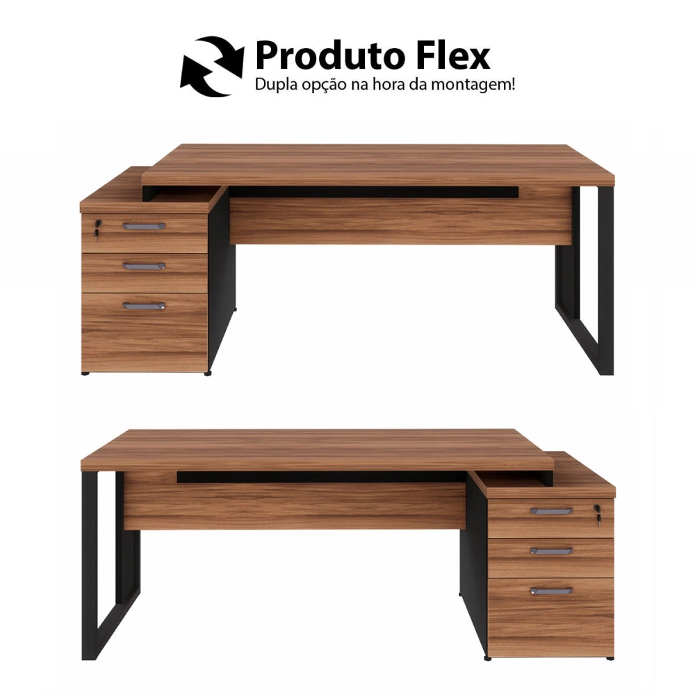 Mesa Escritório Extensível 170cm a 192cm 3 Gav. Pé Metal F5 Cor:Nogal com Preto