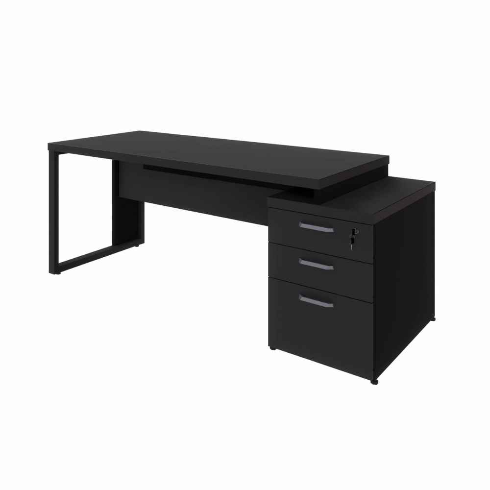 Mesa Escritório Extensível 170cm a 192cm 3 Gav. Pé Metal F5 Cor:Preto