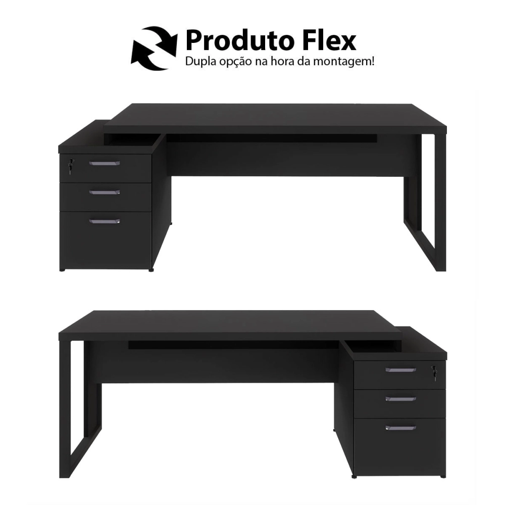 Mesa Escritório Extensível 170cm a 192cm 3 Gav. Pé Metal F5 Cor:Preto