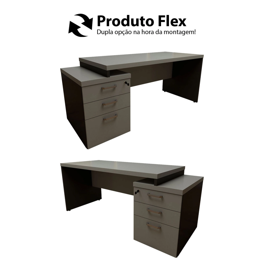 Mesa Escritório Extensível 170cm a 192cm 3 Gav. Pé Painel F5 Cor:Cinza Sagrado com Preto