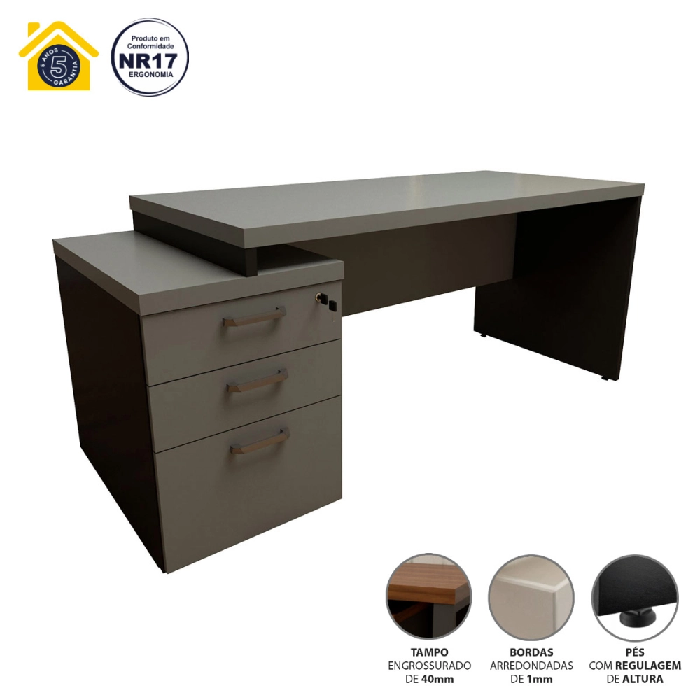 Mesa Escritório Extensível 170cm a 192cm 3 Gav. Pé Painel F5 Cor:Cinza Sagrado com Preto