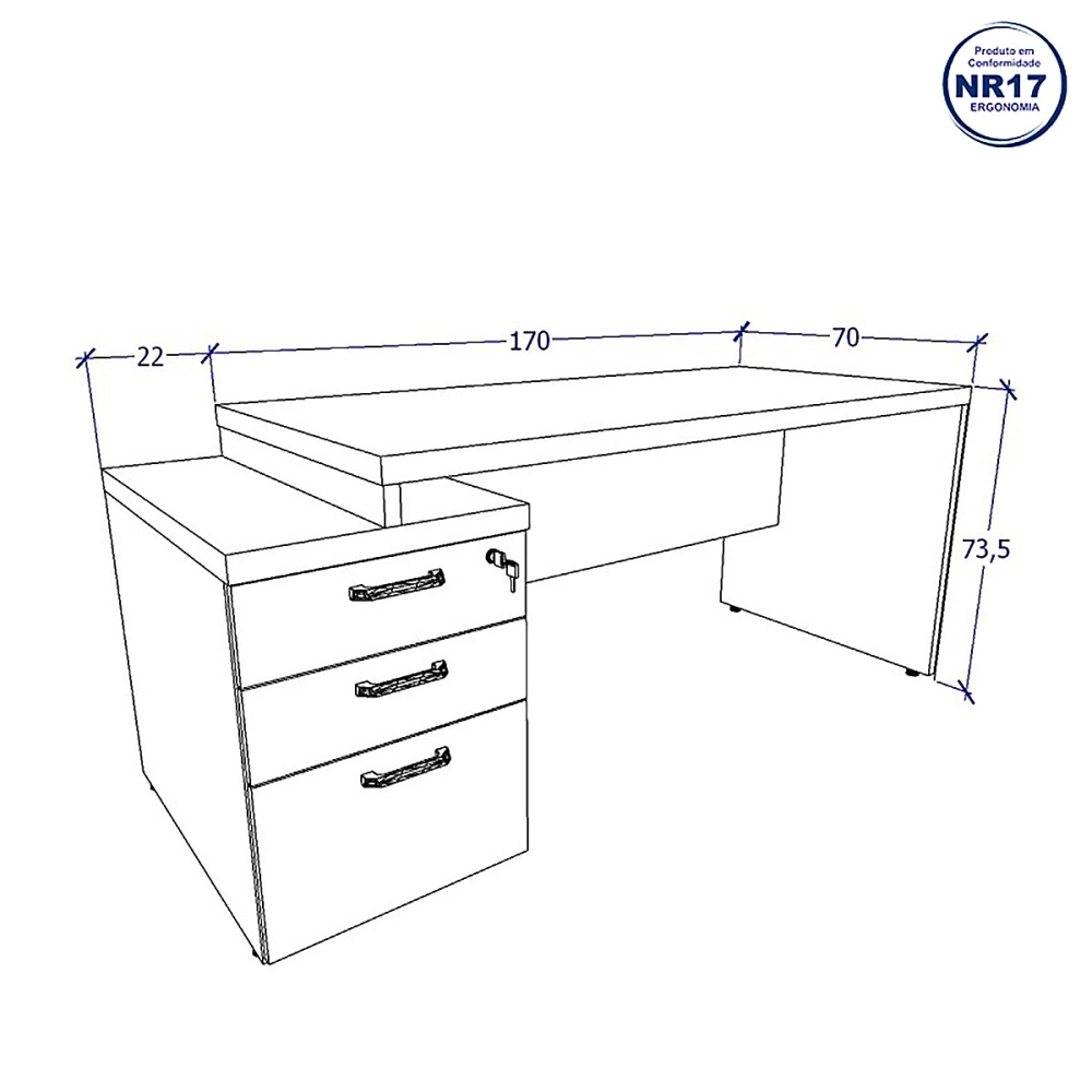 Mesa Escritório Extensível 170cm a 192cm 3 Gav. Pé Painel F5 Cor:Cinza Sagrado com Preto