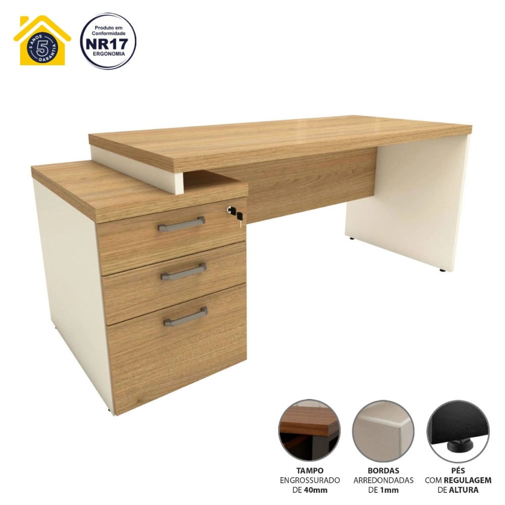 Mesa Escritório Extensível 170cm a 192cm 3 Gav. Pé Painel F5 Cor:Macadâmia com Branco