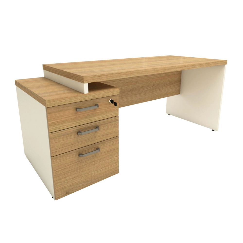 Mesa Escritório Extensível 170cm a 192cm 3 Gav. Pé Painel F5 Cor:Macadâmia com Branco