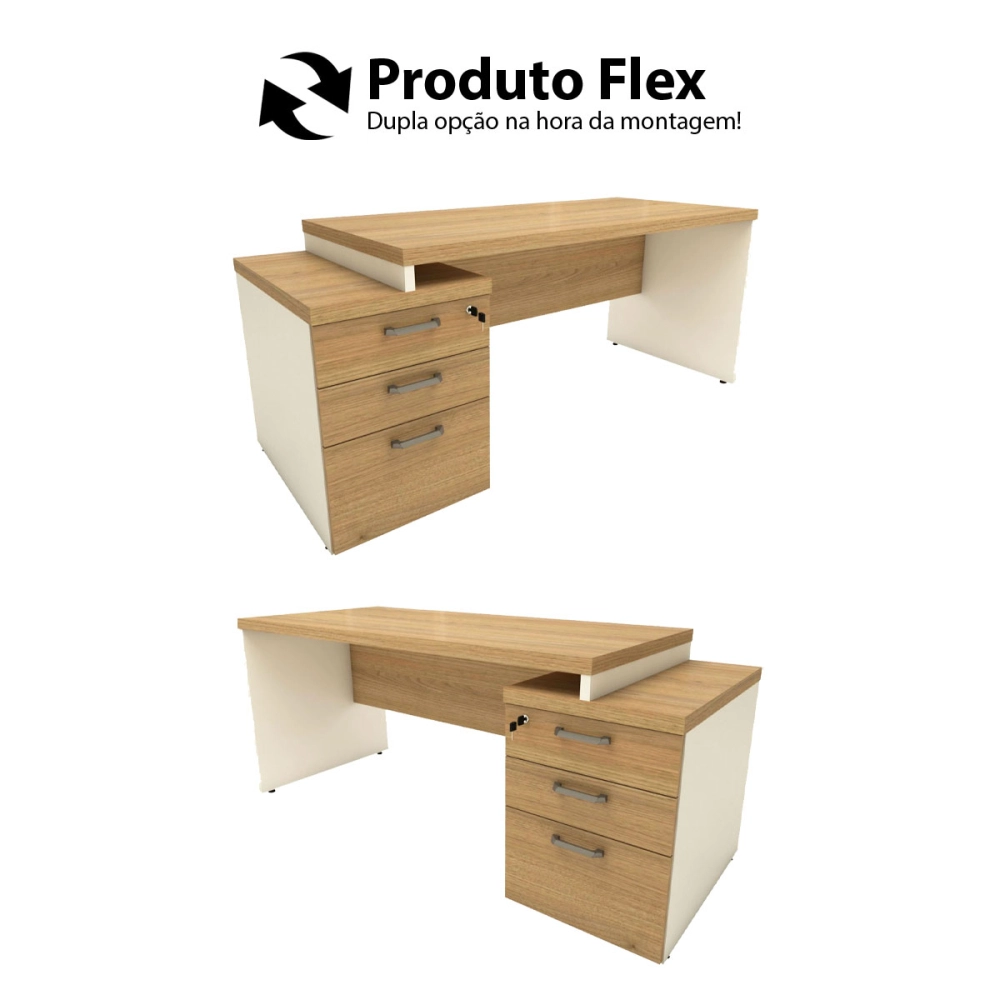 Mesa Escritório Extensível 170cm a 192cm 3 Gav. Pé Painel F5 Cor:Macadâmia com Branco