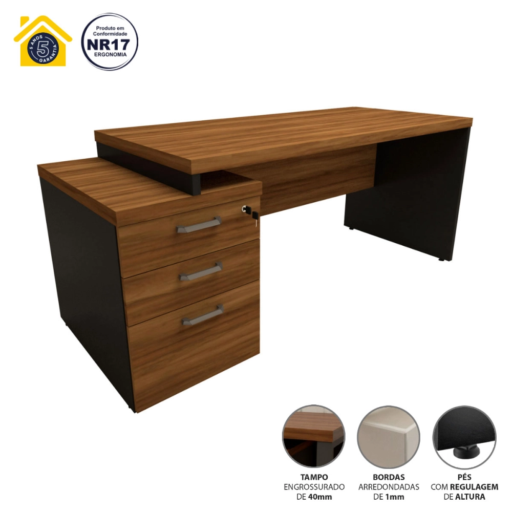Mesa Escritório Extensível 170cm a 192cm 3 Gav. Pé Painel F5 Cor:Nogal com Preto