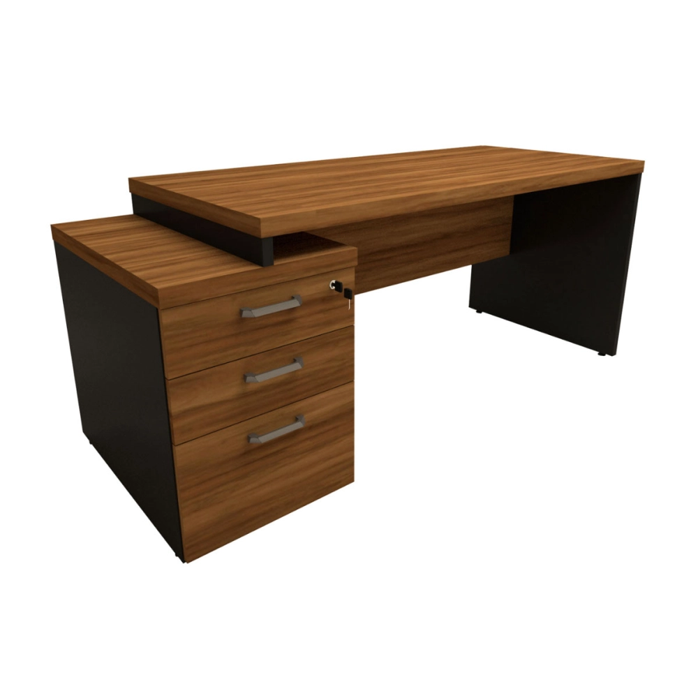 Mesa Escritório Extensível 170cm a 192cm 3 Gav. Pé Painel F5 Cor:Nogal com Preto