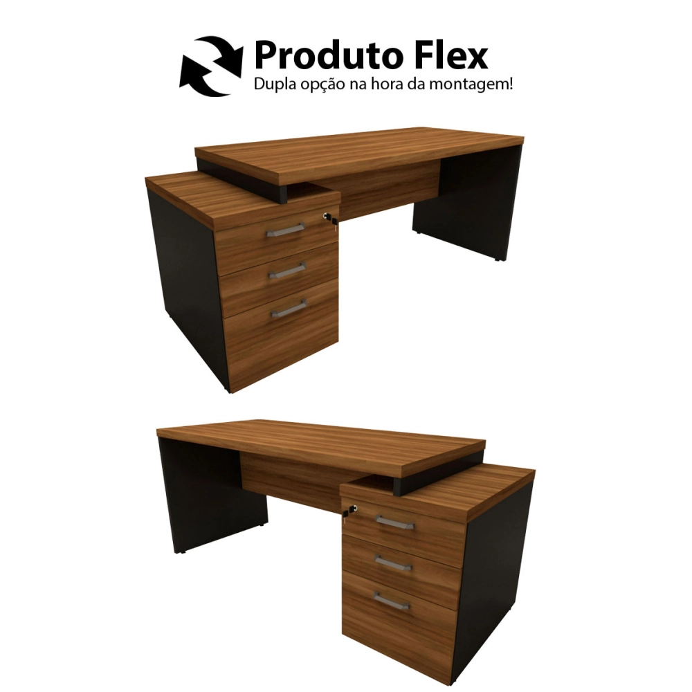 Mesa Escritório Extensível 170cm a 192cm 3 Gav. Pé Painel F5 Cor:Nogal com Preto