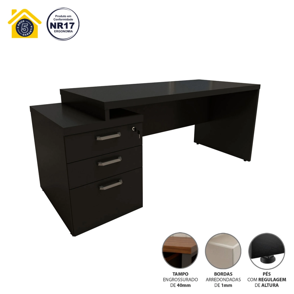 Mesa Escritório Extensível 170cm a 192cm 3 Gav. Pé Painel F5 Cor:Preto