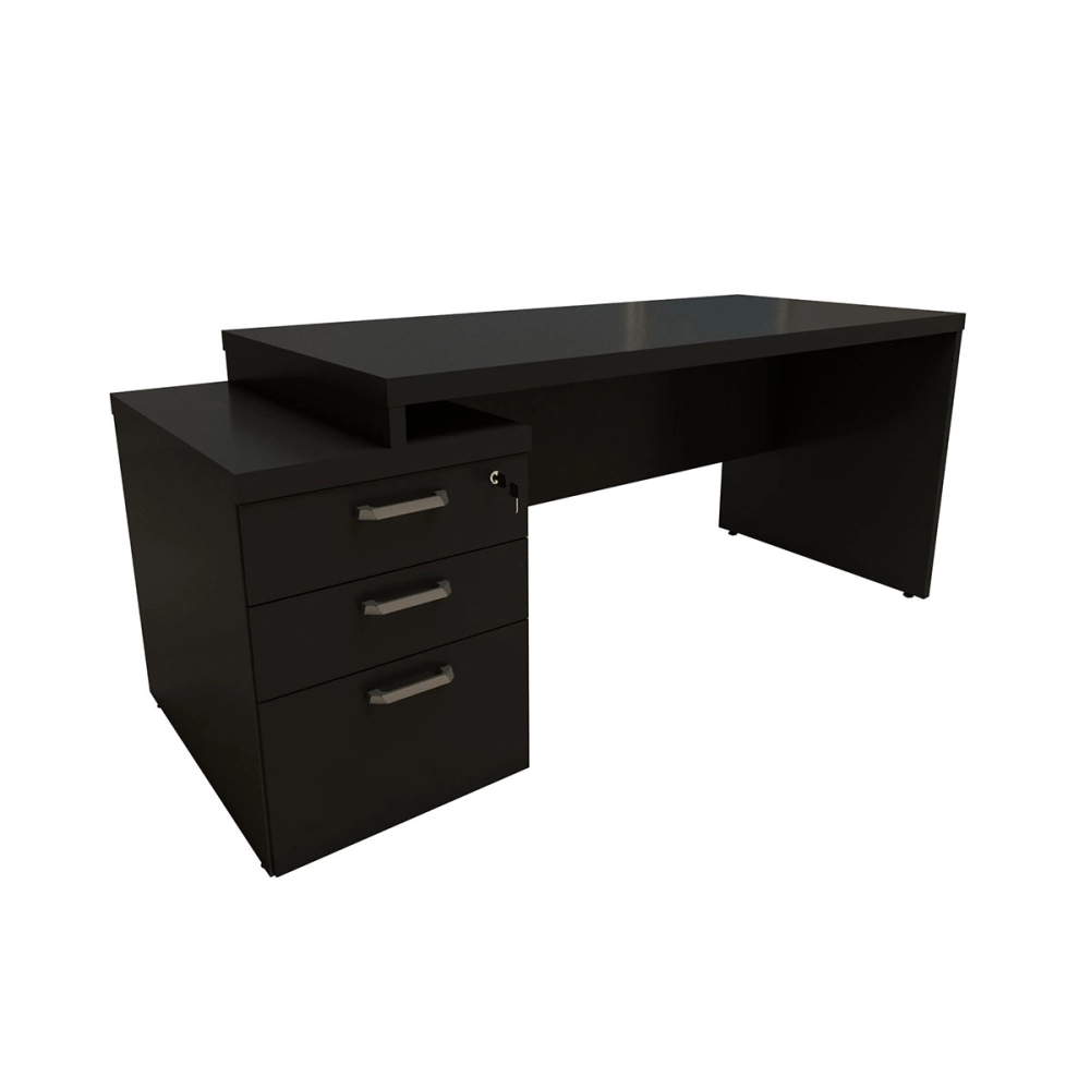 Mesa Escritório Extensível 170cm a 192cm 3 Gav. Pé Painel F5 Cor:Preto