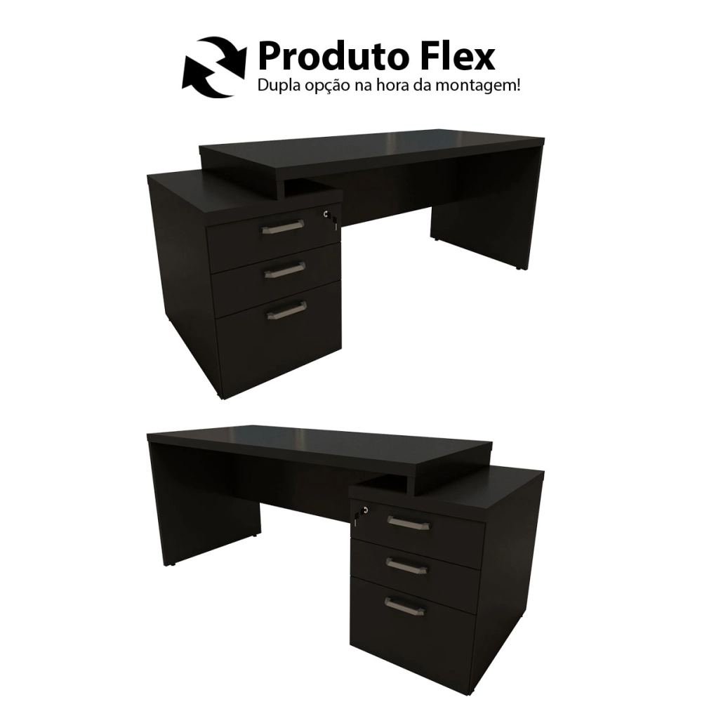 Mesa Escritório Extensível 170cm a 192cm 3 Gav. Pé Painel F5 Cor:Preto