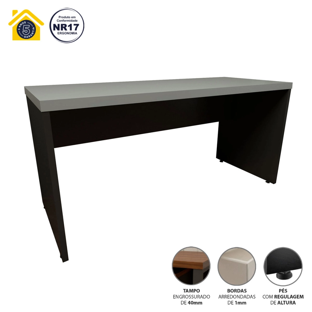 Mesa Escrivaninha 150cm x 60cm Gaveteiro 3 Gav Pé Painel F5 Cor:Cinza Sagrado com Preto
