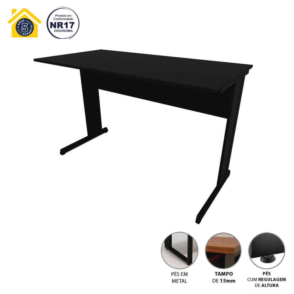 Mesa Escrivaninha de Estudos 120cm x 60cm Pé Metal F5 Office Cor:Preto