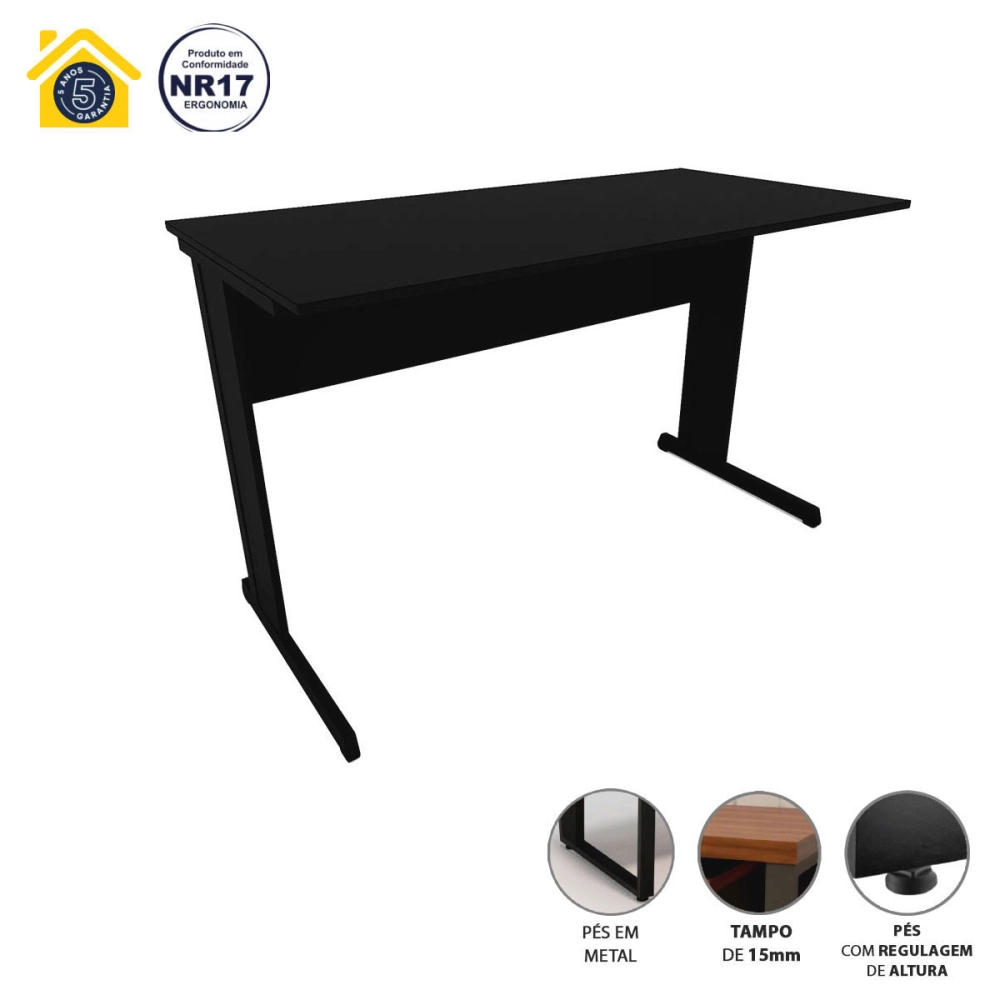 Mesa Escrivaninha de Estudos 135cm x 60cm Pé Metal F5 Office Cor:Preto
