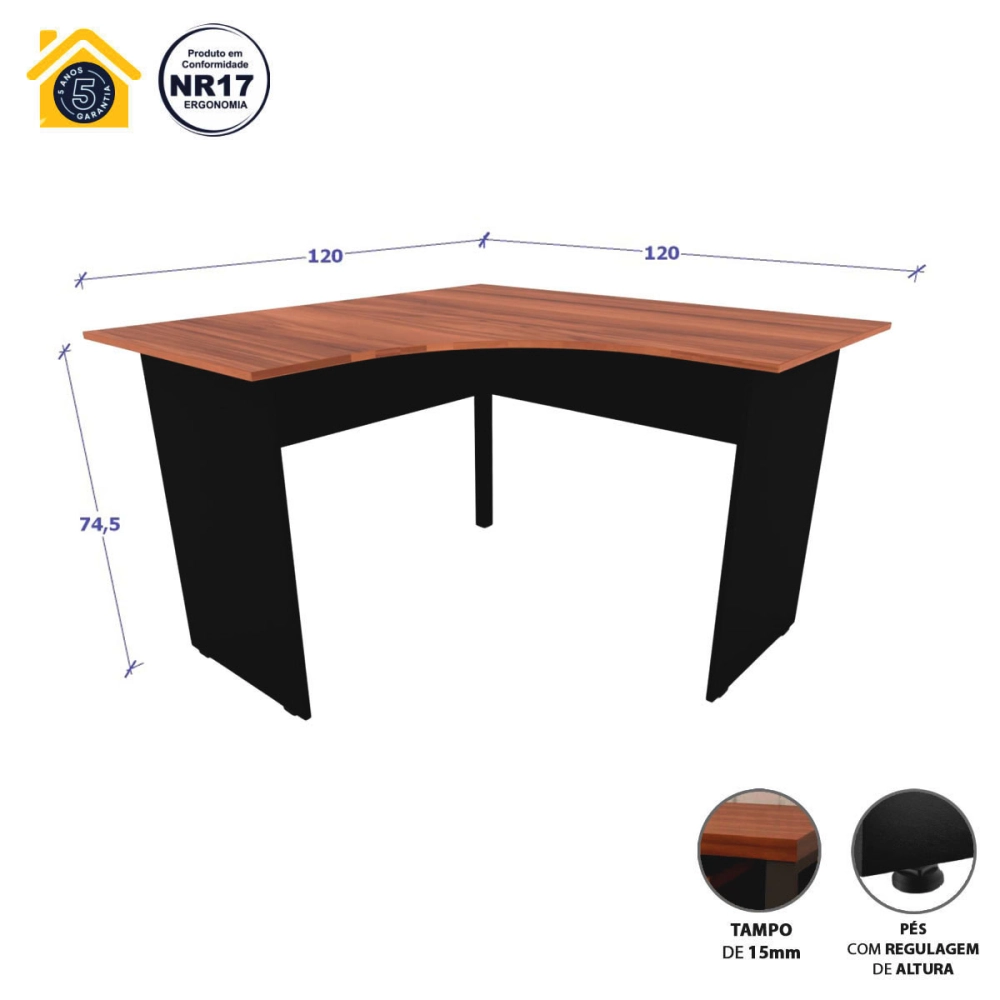 Mesa Escrivaninha em L 120cm x 60cm Pés Painel F5 Office Cor:Nogal com Preto
