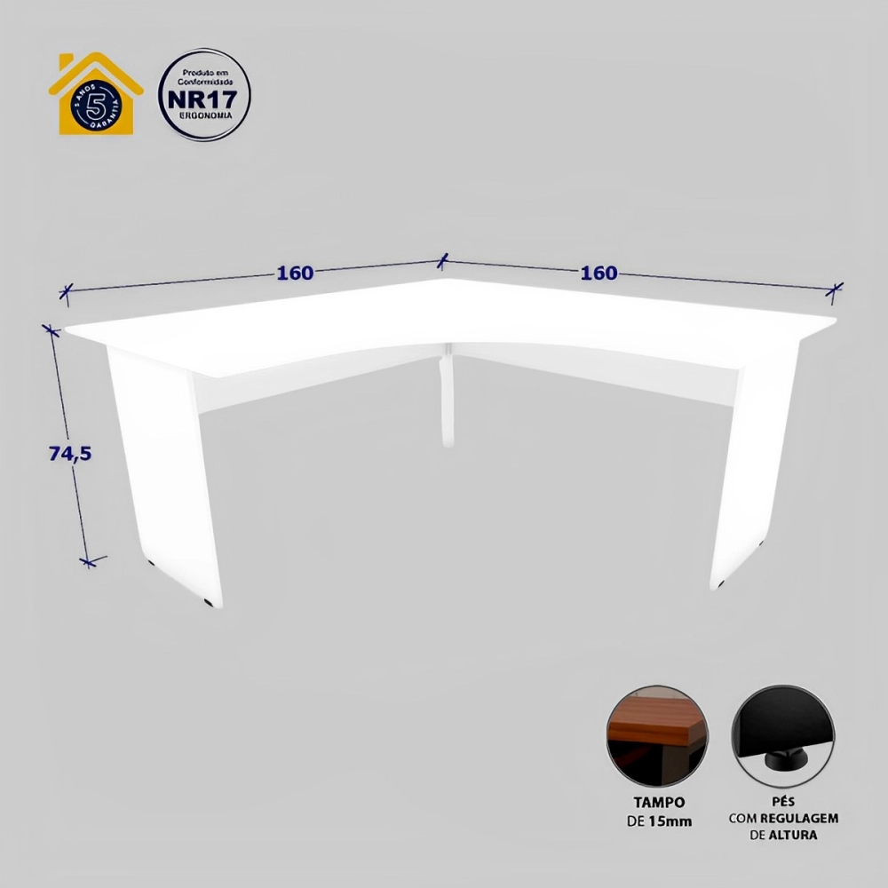 Mesa Escrivaninha em L 160cm x 60cm Pés Painel F5 Office Cor:Branco
