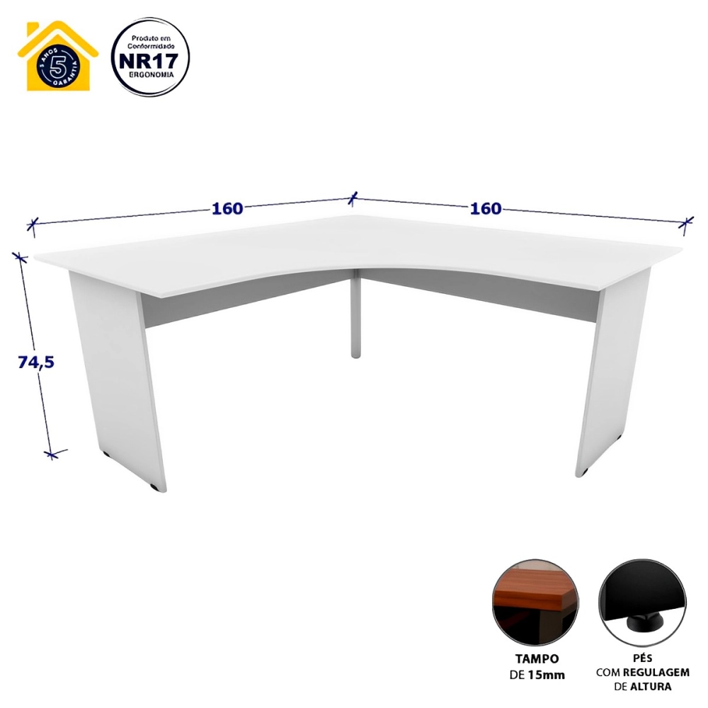 Mesa Escrivaninha em L 160cm x 60cm Pés Painel F5 Office Cor:Cinza