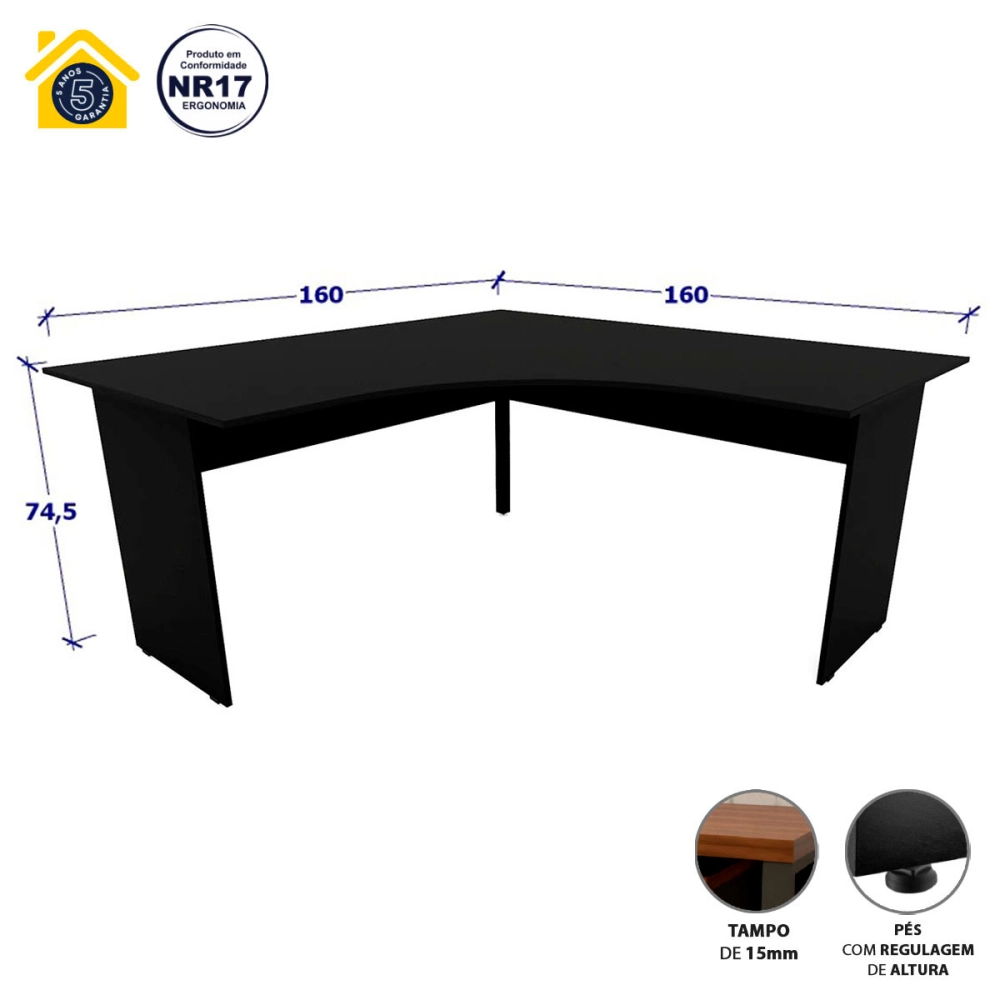 Mesa Escrivaninha em L 160cm x 60cm Pés Painel F5 Office Cor:Preto