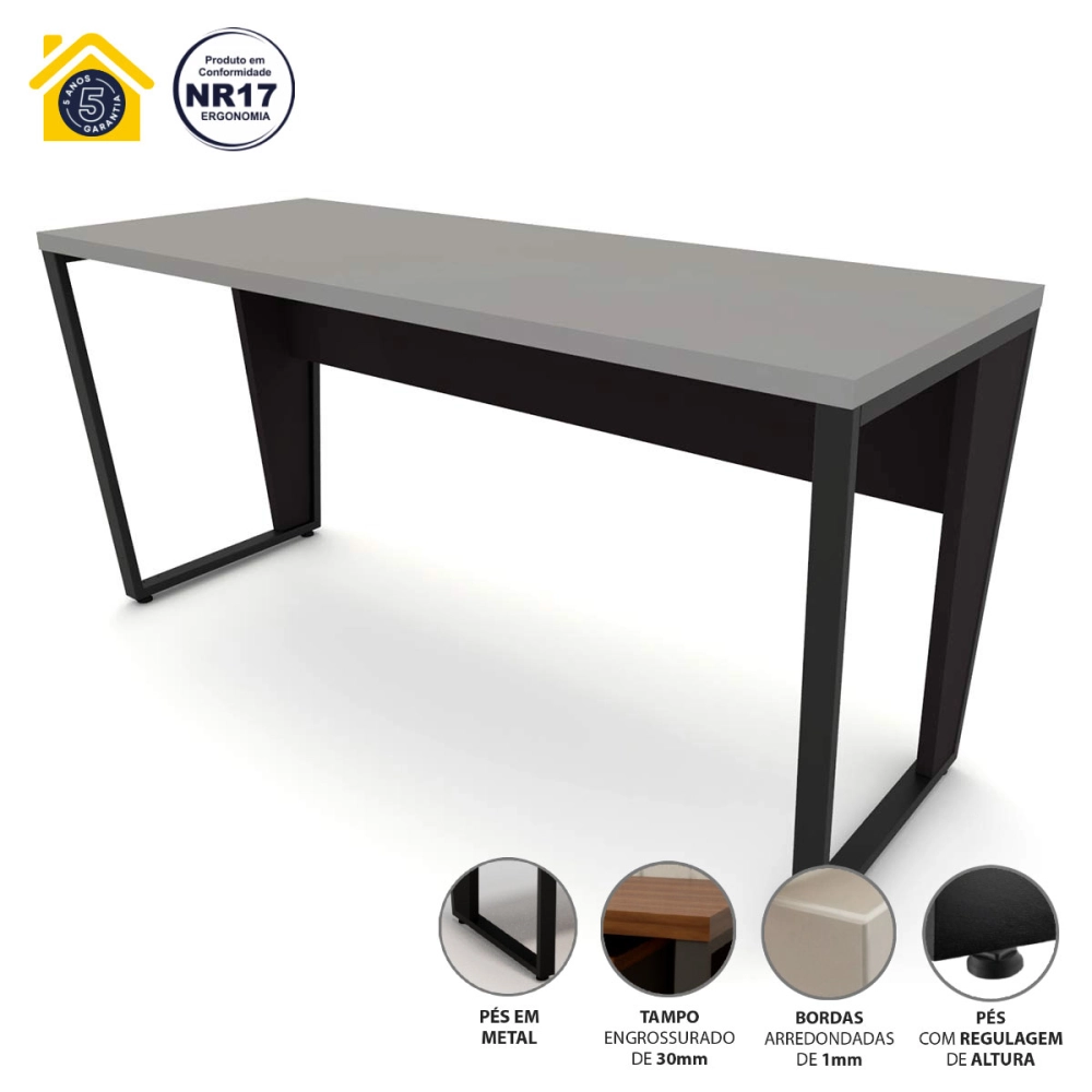 Mesa Escrivaninha  Industrial 1,50m CS Pre Pés Metal F5 Cor:Cinza Sagrado com Preto