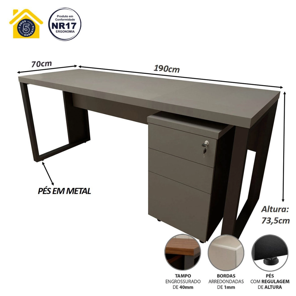 Mesa Escrivaninha Industrial 1,90m com Gaveteiro e Pés Metal Cor:Cinza Sagrado com Preto