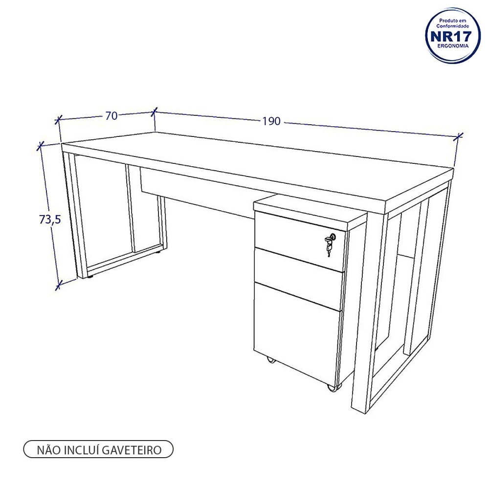 Mesa Escrivaninha Industrial 1,90m Pés Metal Cz Sagrado Cor:Cinza Sagrado com Preto
