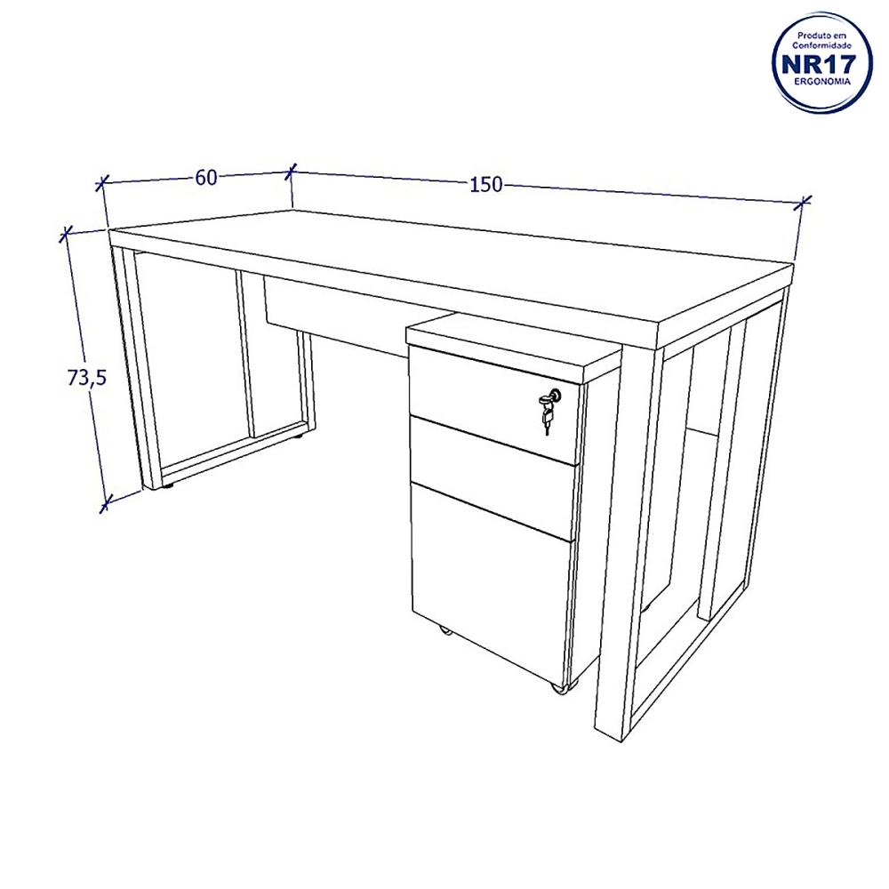 Mesa Escrivaninha Industrial 150cm Gaveteiro Clean Pés Metal Cor:Cinza Sagrado com Preto