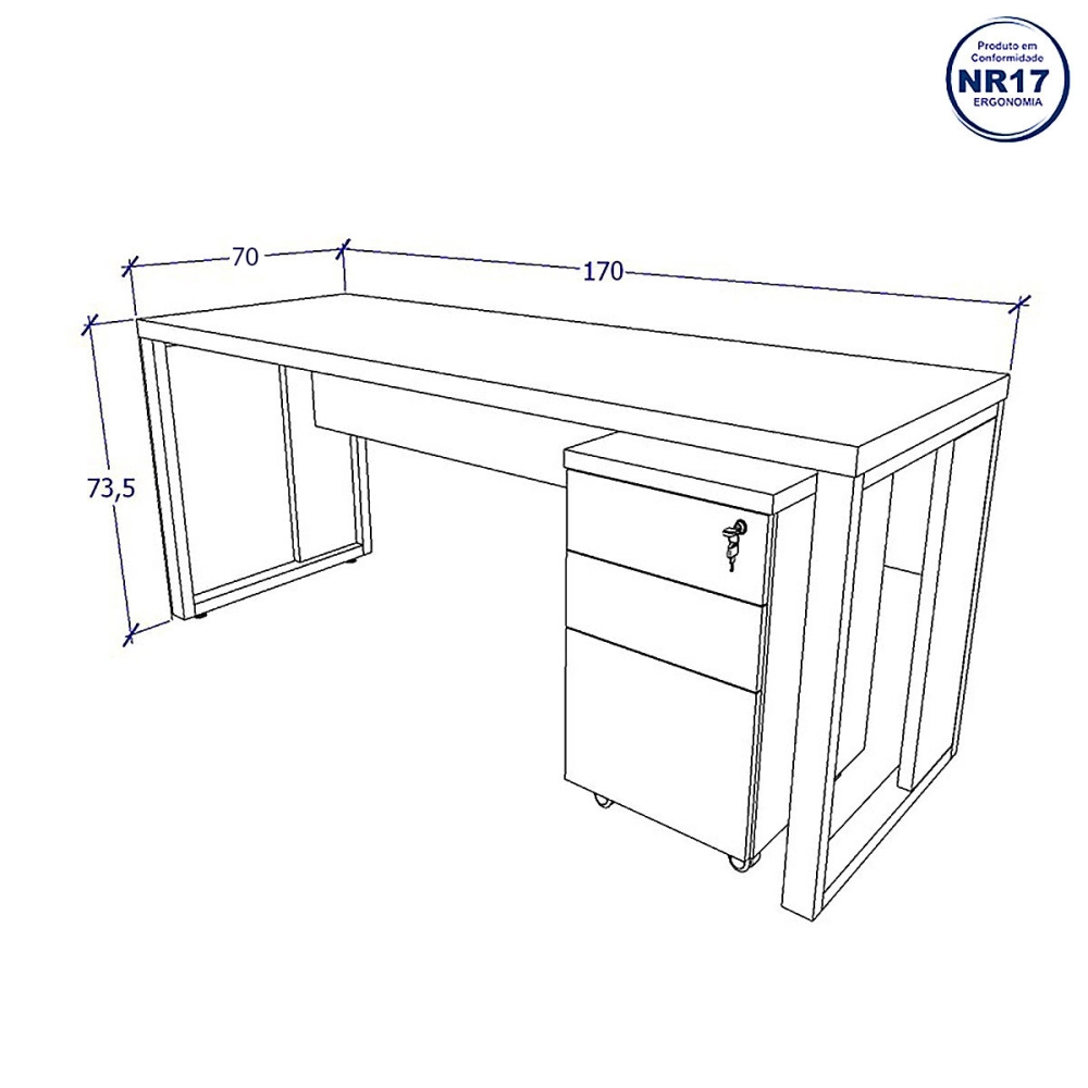 Mesa Escrivaninha Industrial 170cm com Gaveteiro e Pés Metal Cor:Cinza Sagrado com Preto