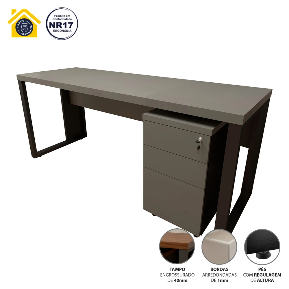 Mesa Escrivaninha Industrial 170cm com Gaveteiro e Pés Metal Cor:Cinza Sagrado com Preto