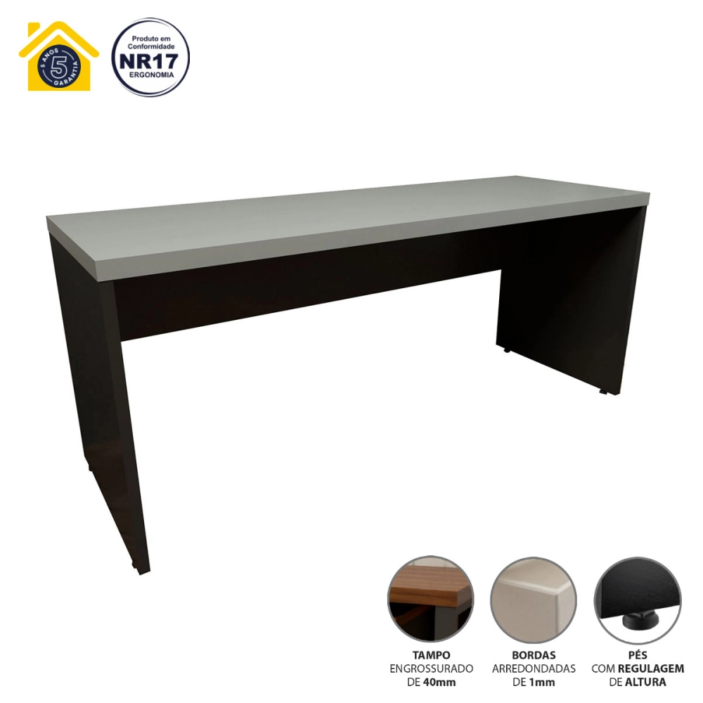 Mesa Escrivaninha para Estudos Tampo 40mm 1,70m Alto Padrão Cor:Cinza Sagrado com Preto
