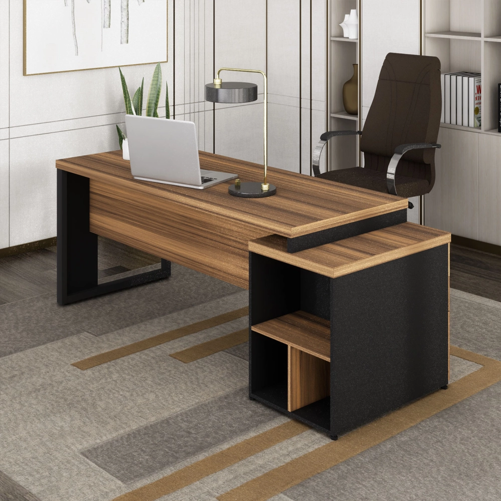 Mesa Extensível 1,70m a 1,92m c/ Gaveteiro Pé Metal NG Pr F5 Cor:Nogal com Preto