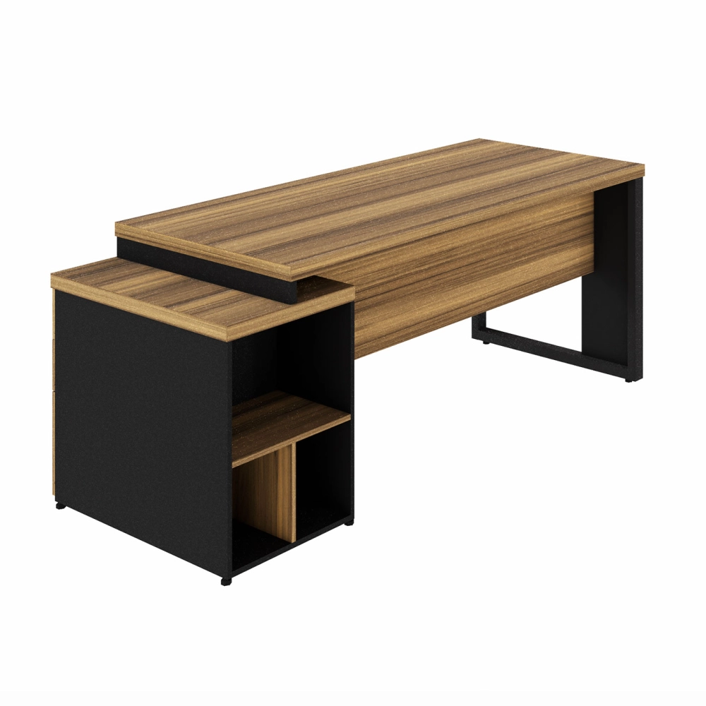 Mesa Extensível 1,70m a 1,92m c/ Gaveteiro Pé Metal NG Pr F5 Cor:Nogal com Preto