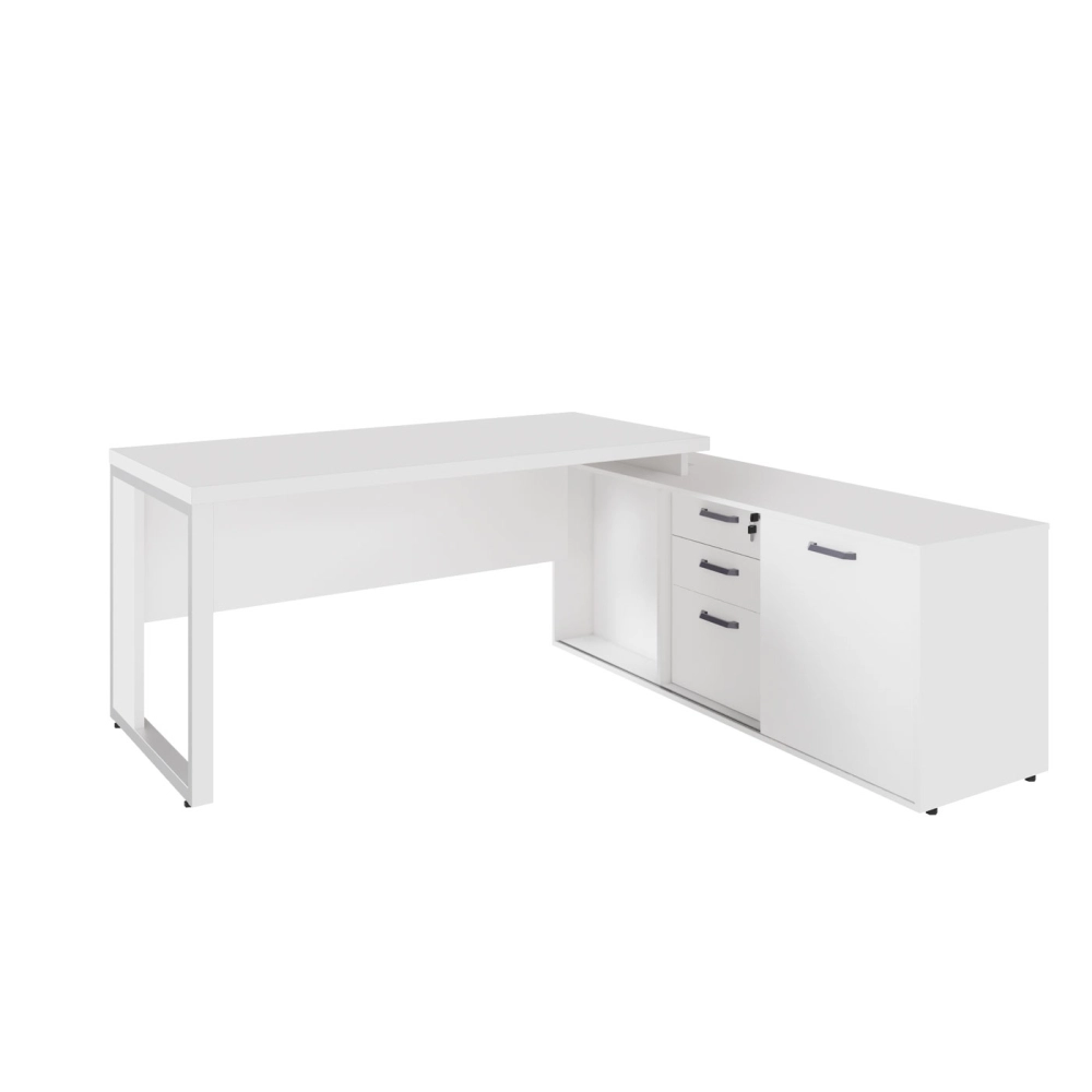 Mesa Industrial 1,50m c/ Armário e Cx de Tomadas Pé Metal F5 Cor:Branco