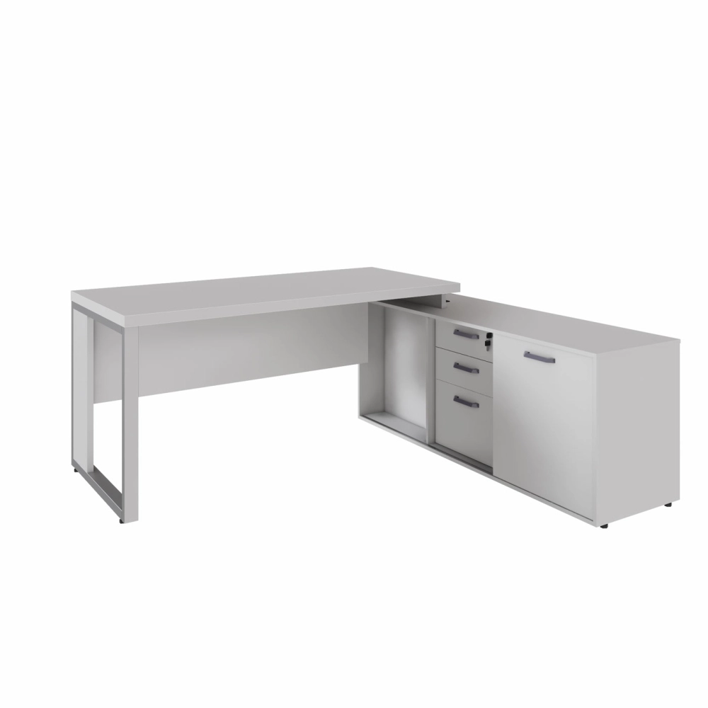 Mesa Industrial 1,50m c/ Armário e Cx de Tomadas Pé Metal F5 Cor:Cinza