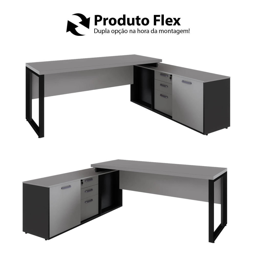 Mesa Industrial 1,50m c/ Armário e Cx de Tomadas Pé Metal F5 Cor:Cinza Sagrado com Preto