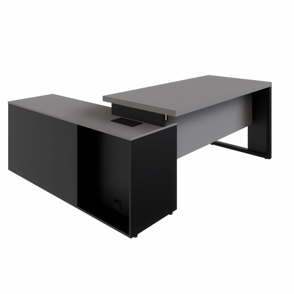 Mesa Industrial 1,50m c/ Armário e Cx de Tomadas Pé Metal F5 Cor:Cinza Sagrado com Preto