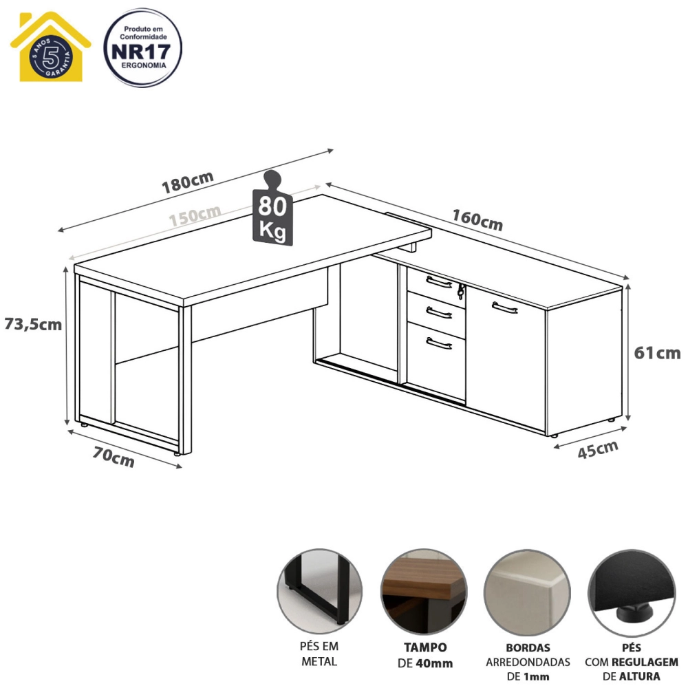 Mesa Industrial 1,50m c/ Armário e Cx de Tomadas Pé Metal F5 Cor:Cinza Sagrado com Preto