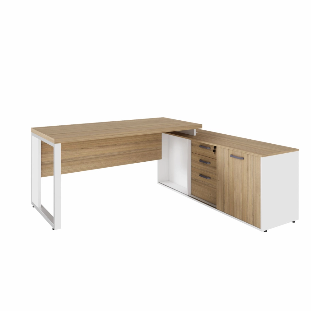Mesa Industrial 1,50m c/ Armário e Cx de Tomadas Pé Metal F5 Cor:Macadâmia com Branco