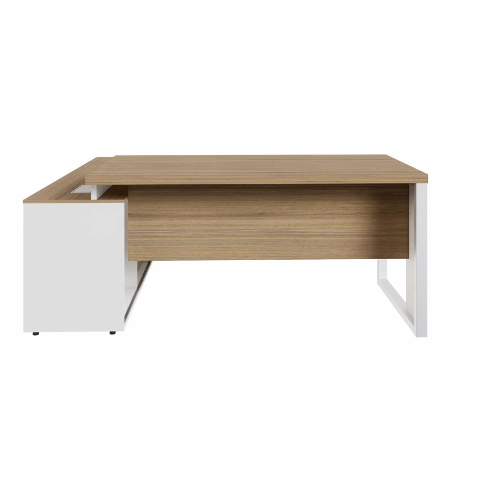 Mesa Industrial 1,50m c/ Armário e Cx de Tomadas Pé Metal F5 Cor:Macadâmia com Branco