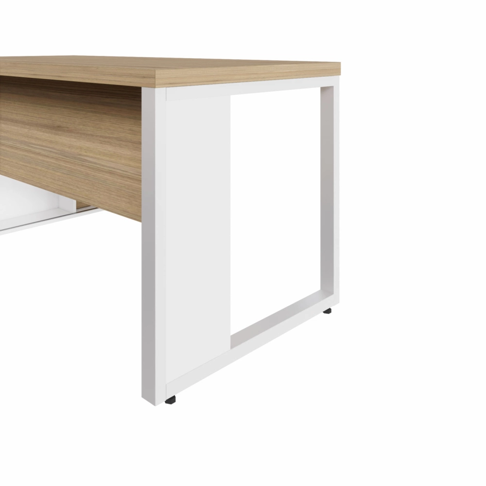 Mesa Industrial 1,50m c/ Armário e Cx de Tomadas Pé Metal F5 Cor:Macadâmia com Branco