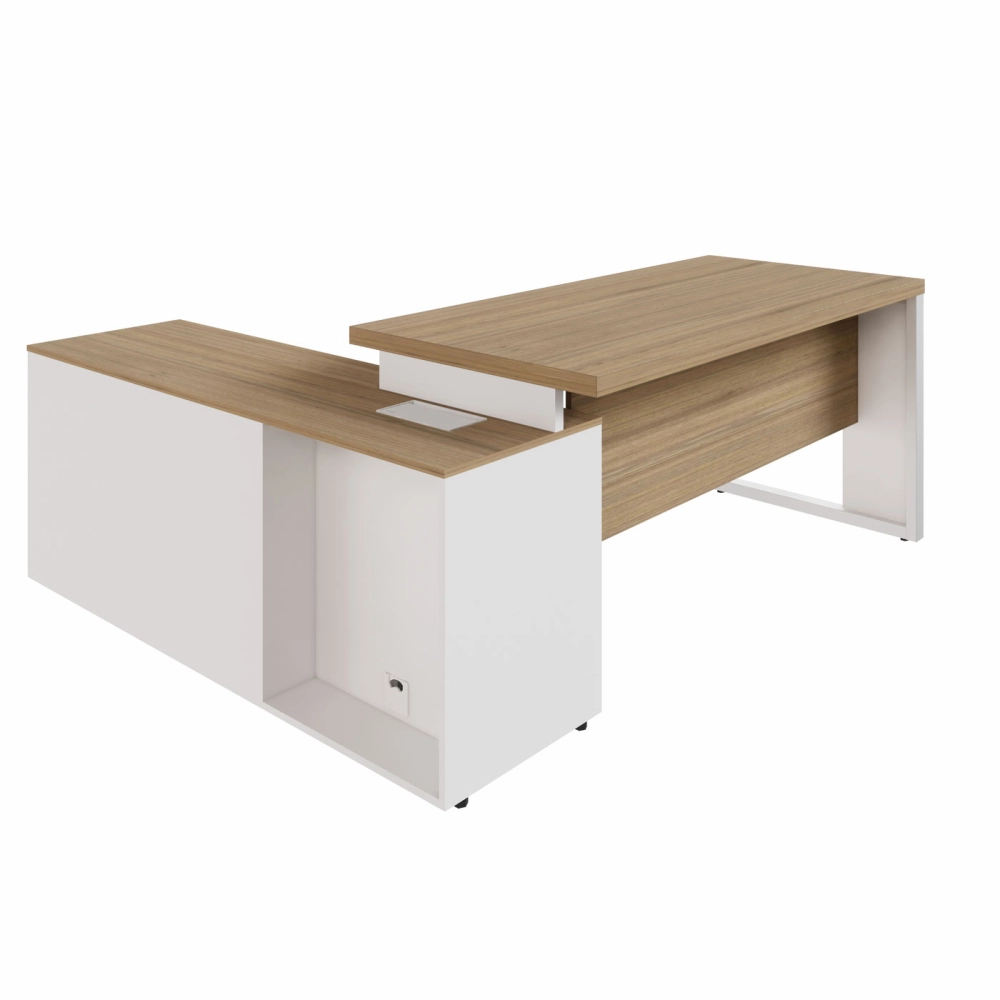 Mesa Industrial 1,50m c/ Armário e Cx de Tomadas Pé Metal F5 Cor:Macadâmia com Branco