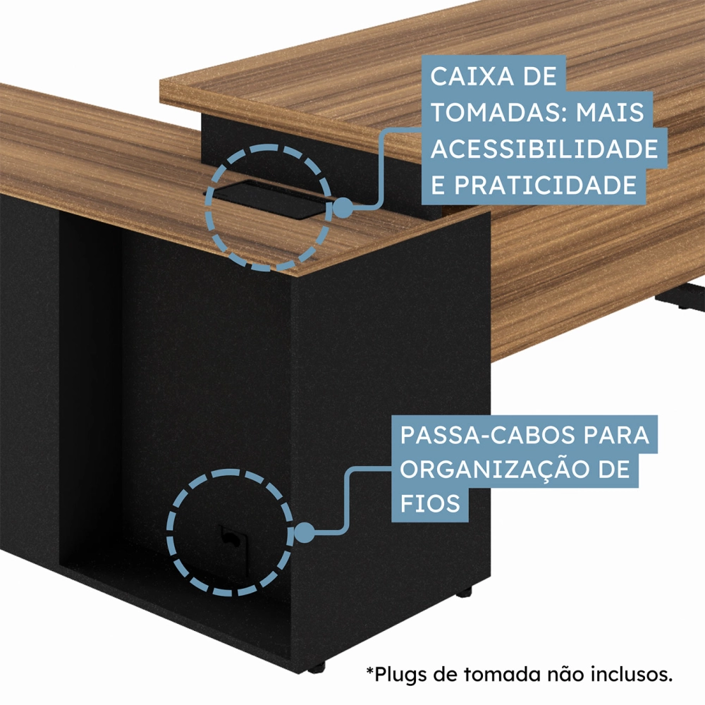 Mesa  L 1,50m c/ Armário Lateral 3 Gavetas Pé Metal NG Pr F5 Cor:Nogal com Preto