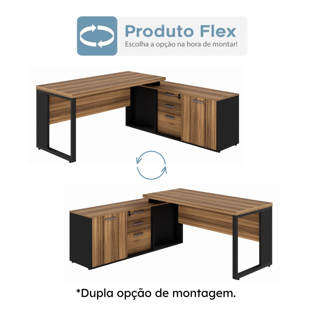 Mesa  L 1,50m c/ Armário Lateral 3 Gavetas Pé Metal NG Pr F5 Cor:Nogal com Preto
