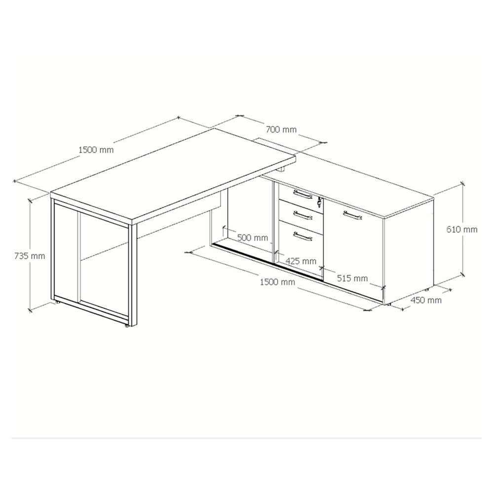 Mesa  L 1,50m c/ Armário Lateral 3 Gavetas Pé Metal NG Pr F5 Cor:Nogal com Preto