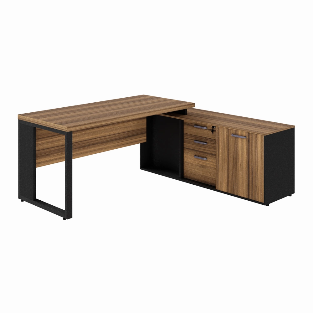 Mesa  L 1,50m c/ Armário Lateral 3 Gavetas Pé Metal NG Pr F5 Cor:Nogal com Preto