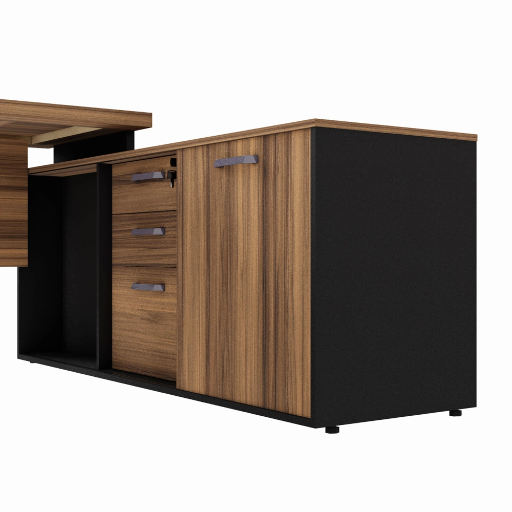 Mesa  L 1,50m c/ Armário Lateral 3 Gavetas Pé Metal NG Pr F5 Cor:Nogal com Preto